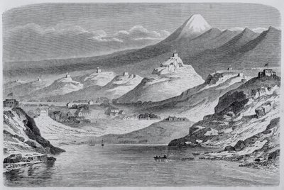 Veduta di New Plymouth e del Monte Egmont, illustrazione da The Return to the World, 1865 da Spanish School